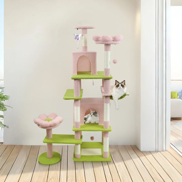 71 Inch Flower Cat Tree With Large Condo Removable Flower Cushion And Hammock Pink - 5 - CJ