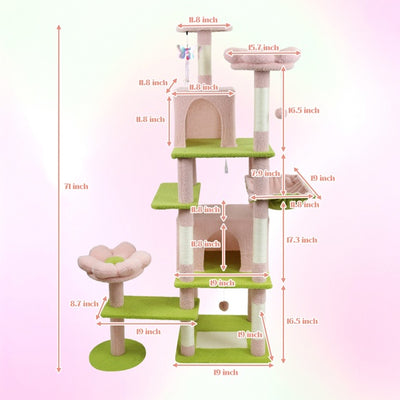 71 Inch Flower Cat Tree With Large Condo Removable Flower Cushion And Hammock Pink - 5 - CJ