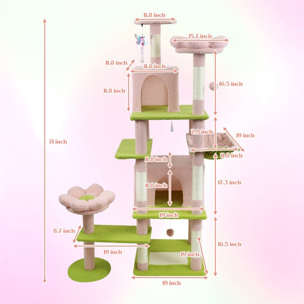 71 Inch Flower Cat Tree With Large Condo Removable Flower Cushion And Hammock Pink - 5 - CJ