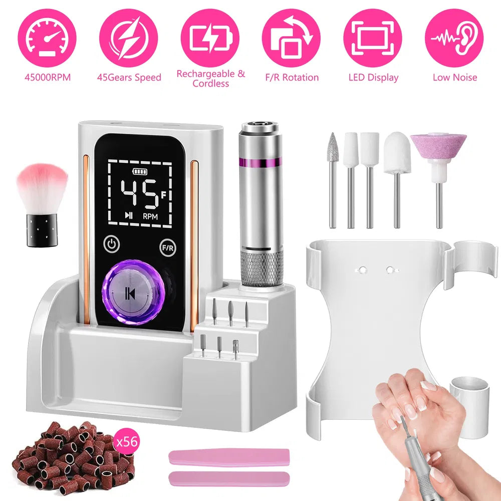 Portable Electric Nail Drill Bit 45000 RPM With 11 Bits Base Waist Clip Cordless Rechargeable Nail File Machine For Professional Salon Home Acrylic Nails Remove Nail Gel Polish Manicure - 5 - CJ
