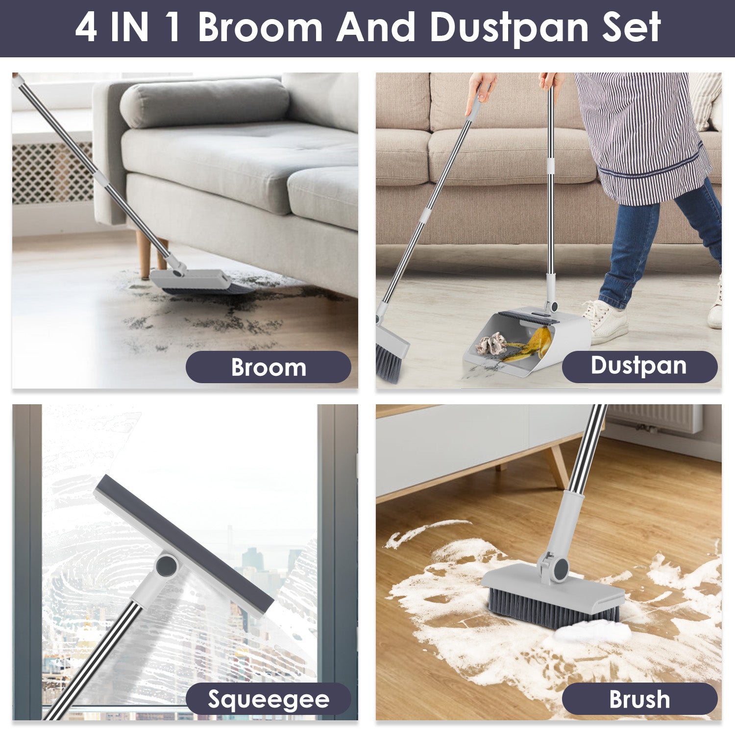 1Set Broom And Dustpan Combo Set With Squeegee Stainless Steel Handle 4 In 1 Upright Standing Broom And Dust Pan For Indoor Outdoor Garage Kitchen Room Office Sweeping - 5 - CJ