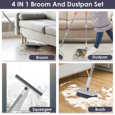1Set Broom And Dustpan Combo Set With Squeegee Stainless Steel Handle 4 In 1 Upright Standing Broom And Dust Pan For Indoor Outdoor Garage Kitchen Room Office Sweeping - 5 - CJ