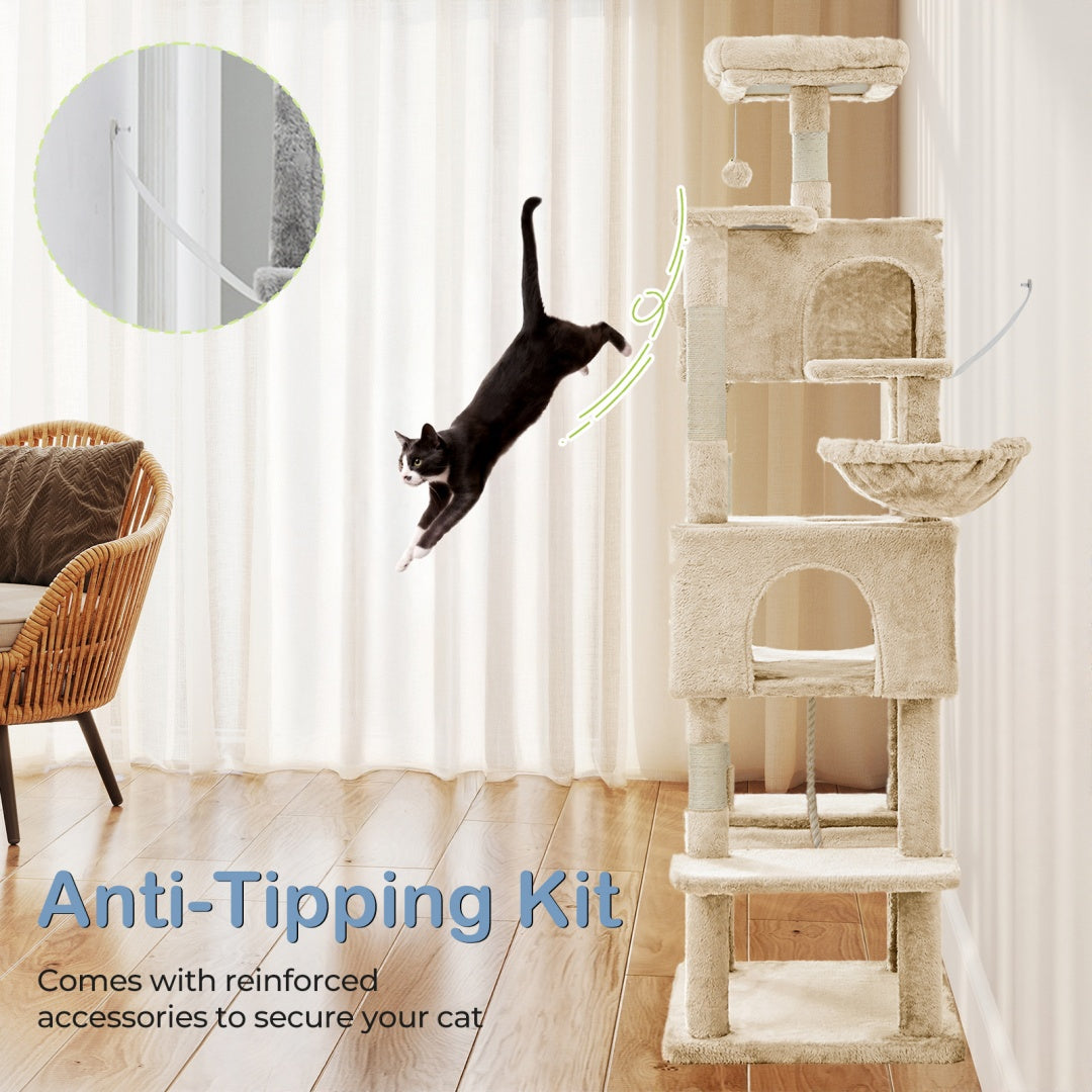 66 Inch Cat Tree Tower, Large Multi - Cat Climbing Extended Platform, Hammock, Pet House For Indoor Cats And Kittens Play - 5 - CJ