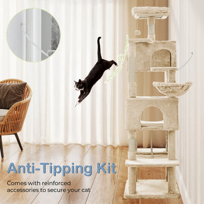 66 Inch Cat Tree Tower, Large Multi - Cat Climbing Extended Platform, Hammock, Pet House For Indoor Cats And Kittens Play - 5 - CJ
