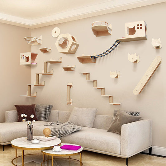 Pet Cat Climbing Frame Wall Type Solid Wood Wall Hanging Platform Ladder Pets Accessories - 0 - CJ