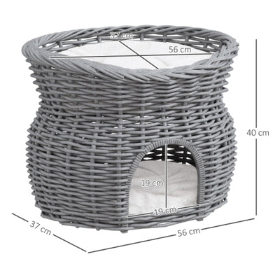 PawHut 2 - Tier Wicker Cat House Elevated Pet Bed Basket Willow Kitten Tower Pet Den. With Washable Cushions 56x37x40cm Grey - 5 - CJ