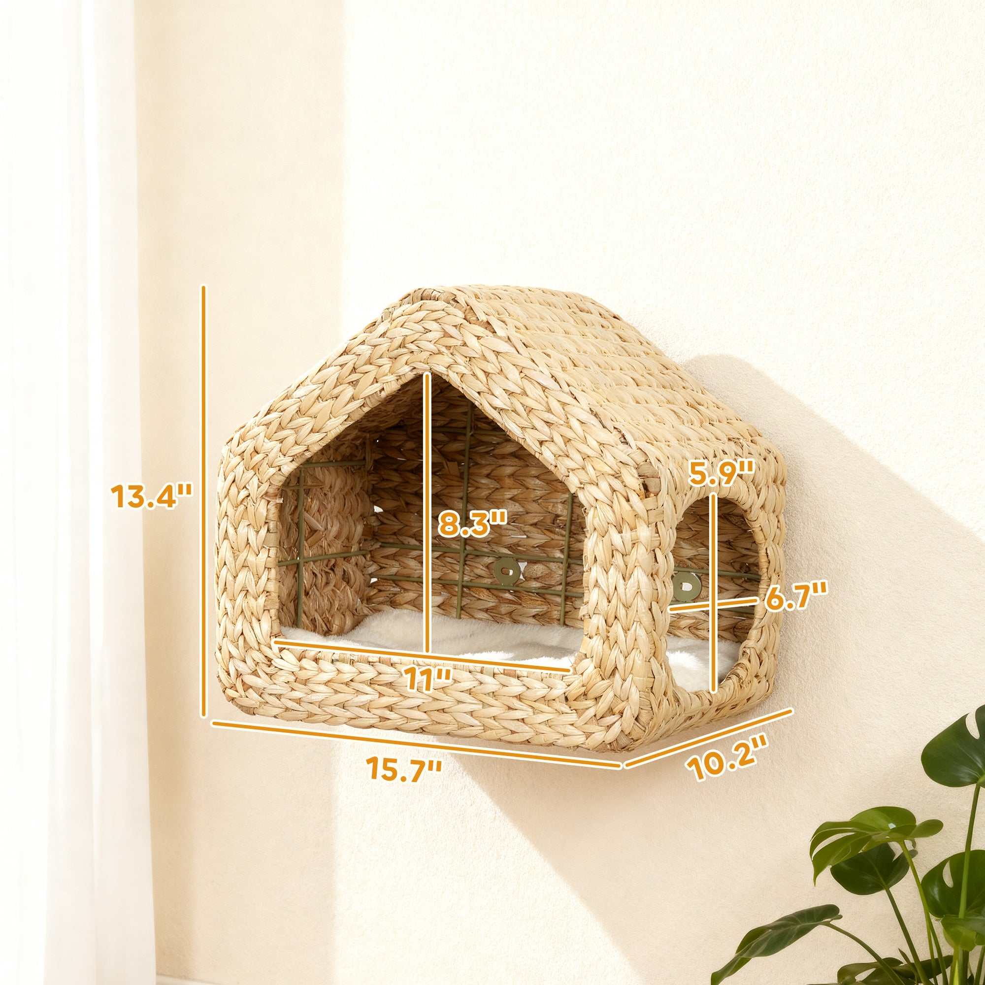 Wall Mounted Cat House, Cat Wall Furniture, Cat Wall Shelf with Washable Cushion, Natural - 5 - CJ
