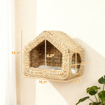 Wall Mounted Cat House, Cat Wall Furniture, Cat Wall Shelf with Washable Cushion, Natural - 5 - CJ