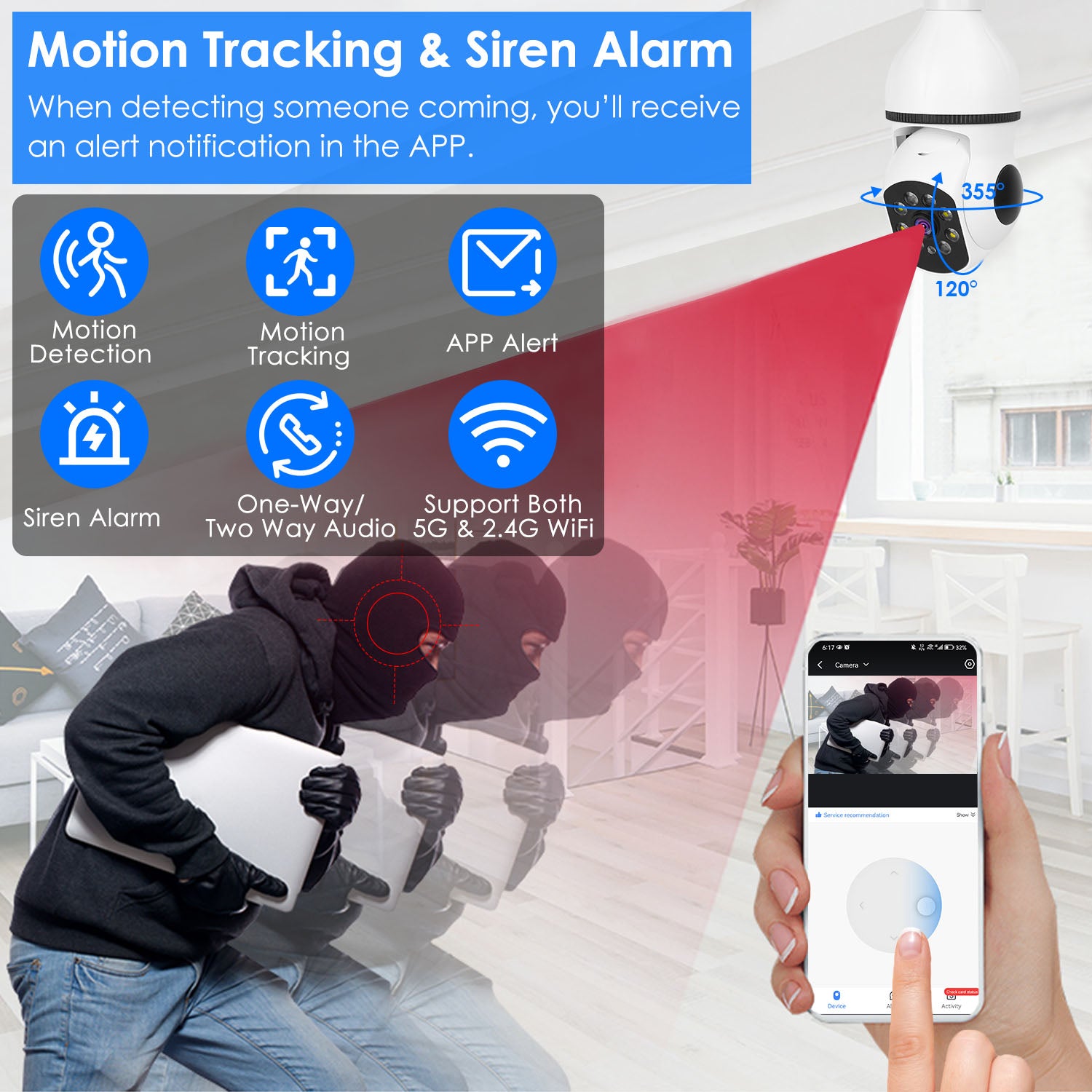 1Pc E27 WiFi Bulb Camera 1080P FHD WiFi IP Pan Tilt Security Surveillance Camera With Two - Way Audio Full Color Night Vision Flood Light Motion Tracking Siren Function APP Control - 5 - CJ