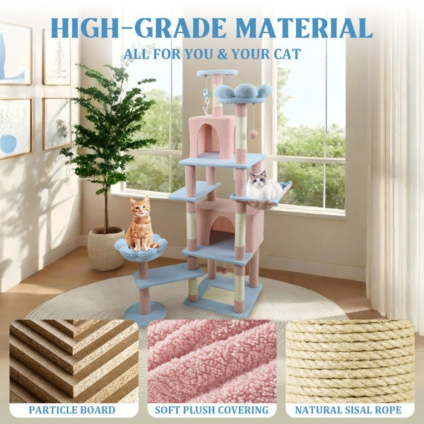 71 Inch Flower Cat Tree With Large Condo Removable Flower Cushion And Hammock Blue - 5 - CJ