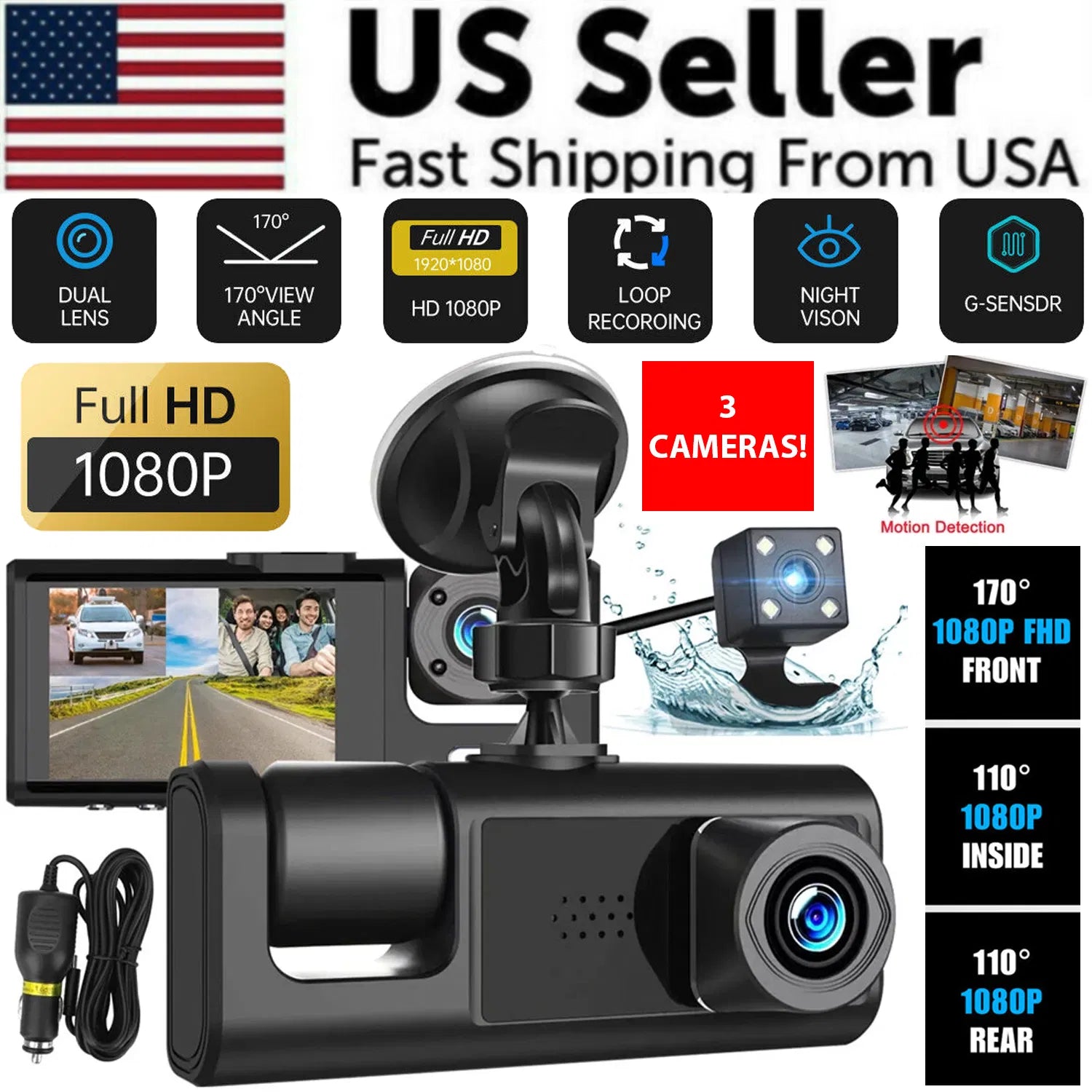 Car Dual Lens Dash Cam HD 1080P Front Rear Inside Video Recorder Camera G - Sensor - 5 - CJ