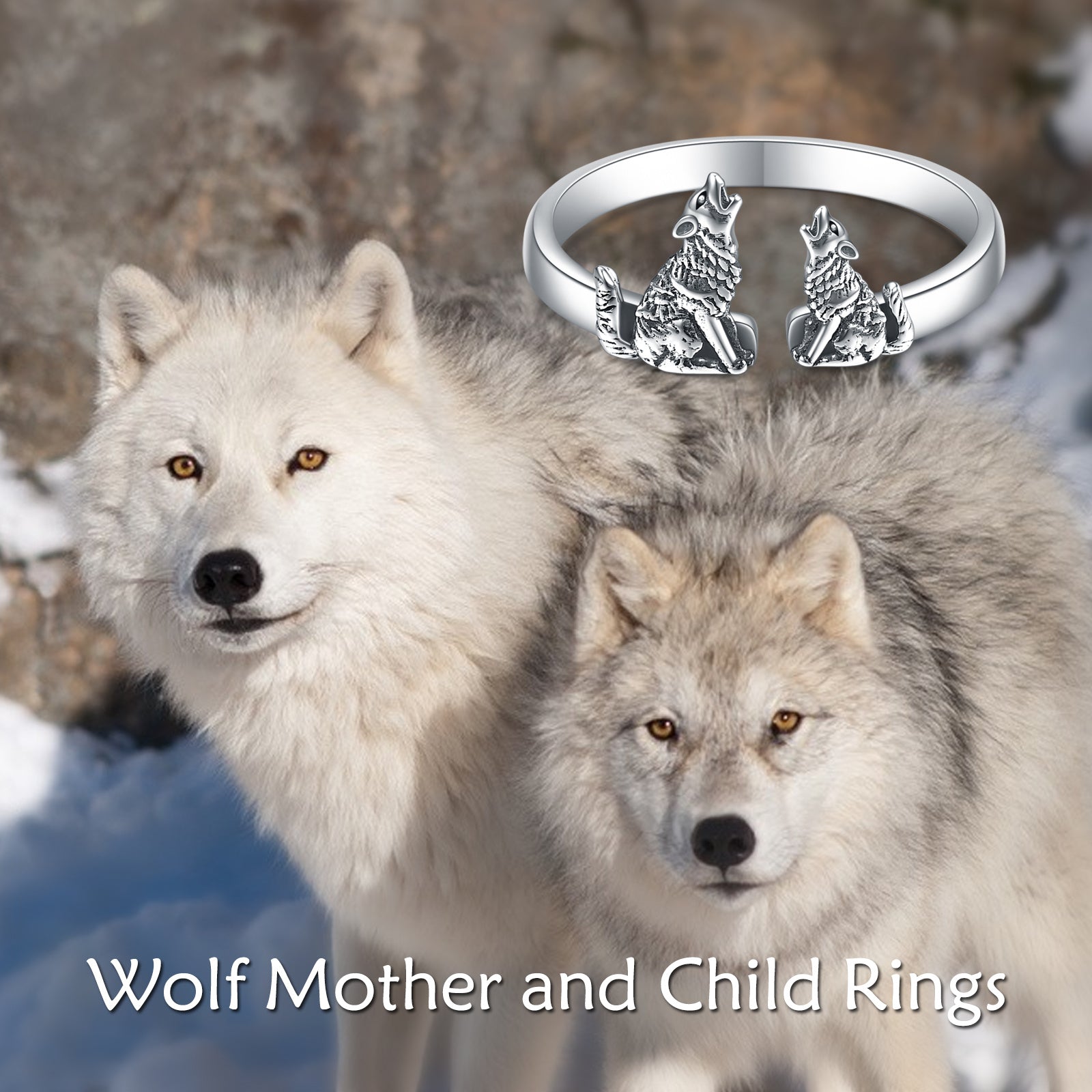Sterling Silver Wolf Rings Mother and Child Open Adjustable Size Rings - 5 - cjdropshipping
