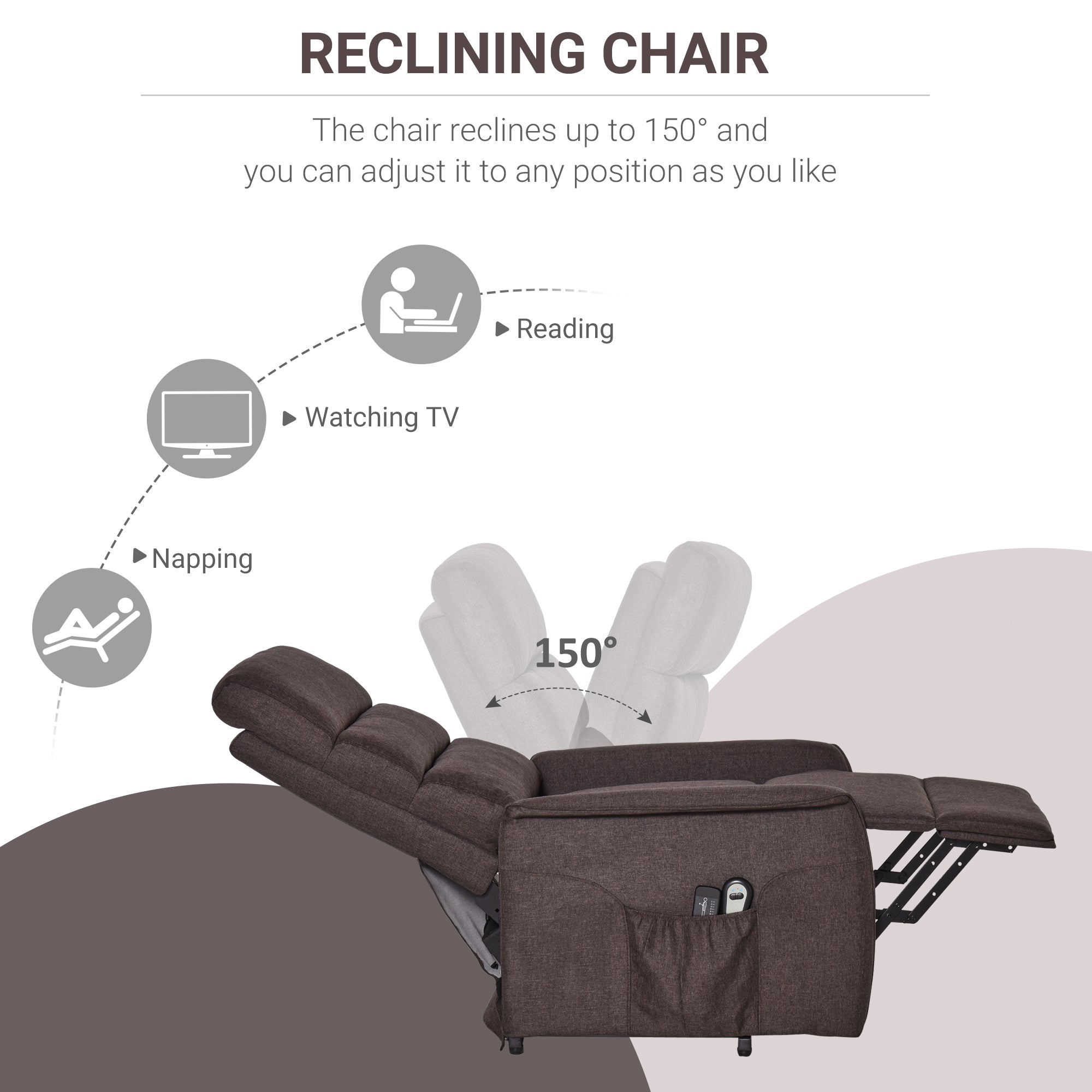 Power Lift Chair with Vibration Massage, Fabric Upholstered Recliner Chair for Elderly with Remote Control, Side Pockets, Brown - 5 - CJ