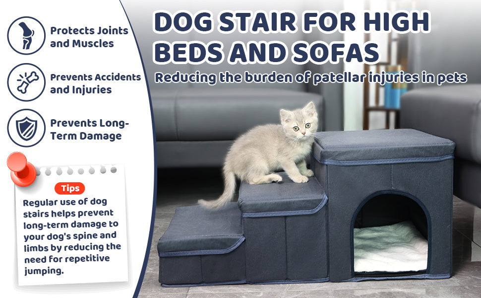 Foldable Dog Stairs With Storage - 3-Level Small To Medium Dog Breed Ramp, Oxford Fabric, Suitable For High Beds And Sofas, Pet Ladder, Dog Stairs
