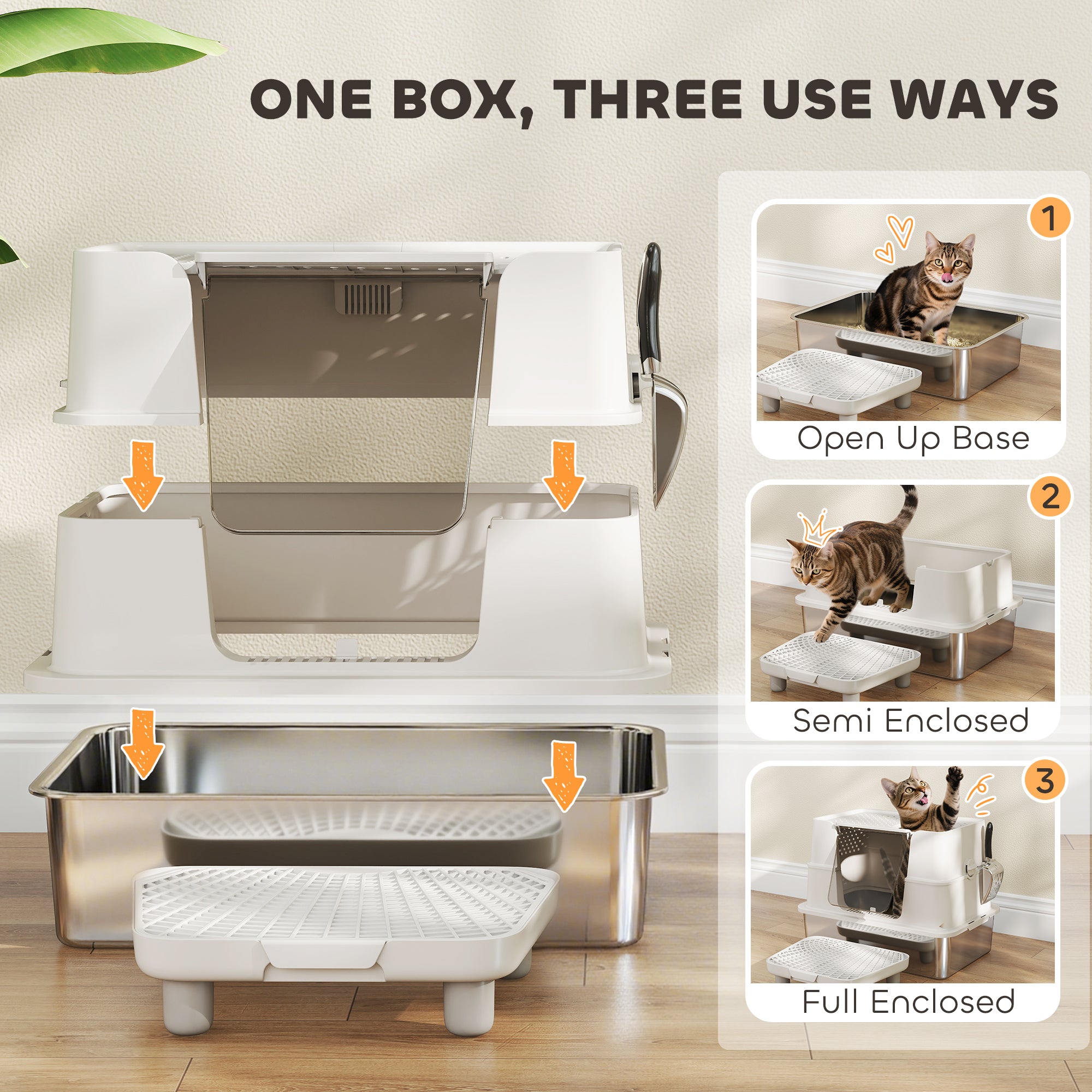 XL Stainless Steel Litter Box w/ 100° Flip Top, Scoop, Step, Top & Side Entry Enclosed Litter Box for Big Cats - 5 - CJ