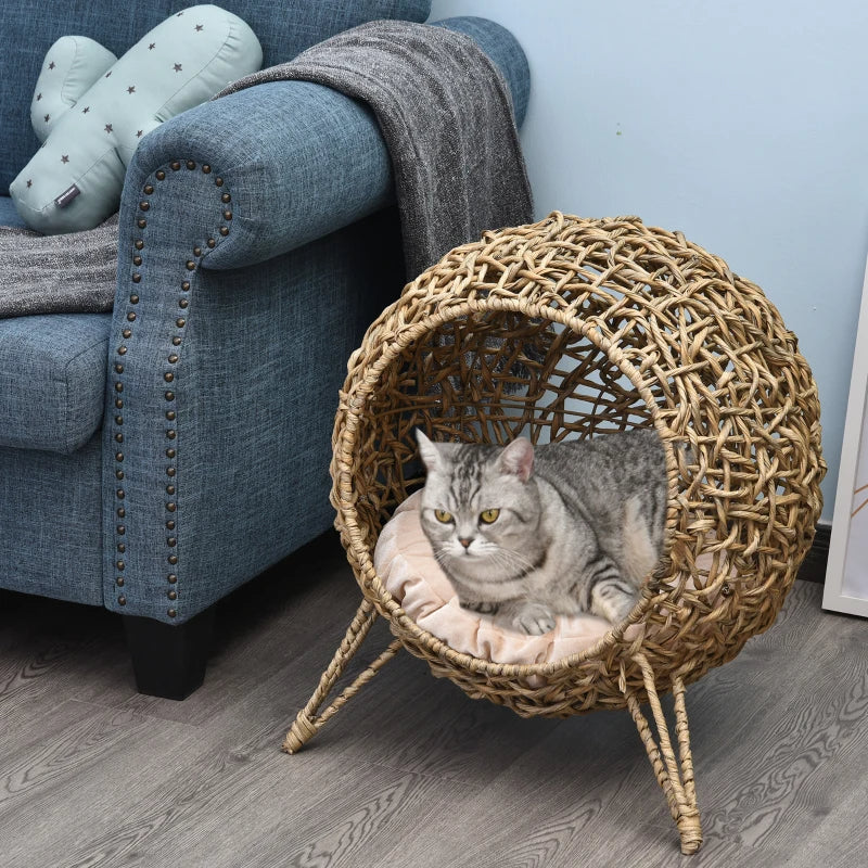 Weaved Cat Bed, Elevated Hand - woven Braided Banana Leaf Kitten House Condo With Cushion, Beige - 5 - CJ