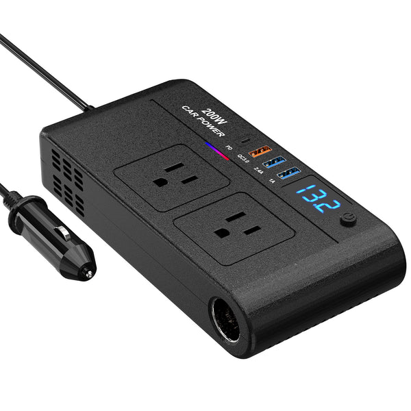 1Pc 200W 12V Car Inverter DC12V To AC110V Vehicle Power Converter With 2 110V AC Outlets 1 TypeC 3 USB Port Quick Charge Overheat Protection Voltage Display For Camping Road Trip - 5 - CJ