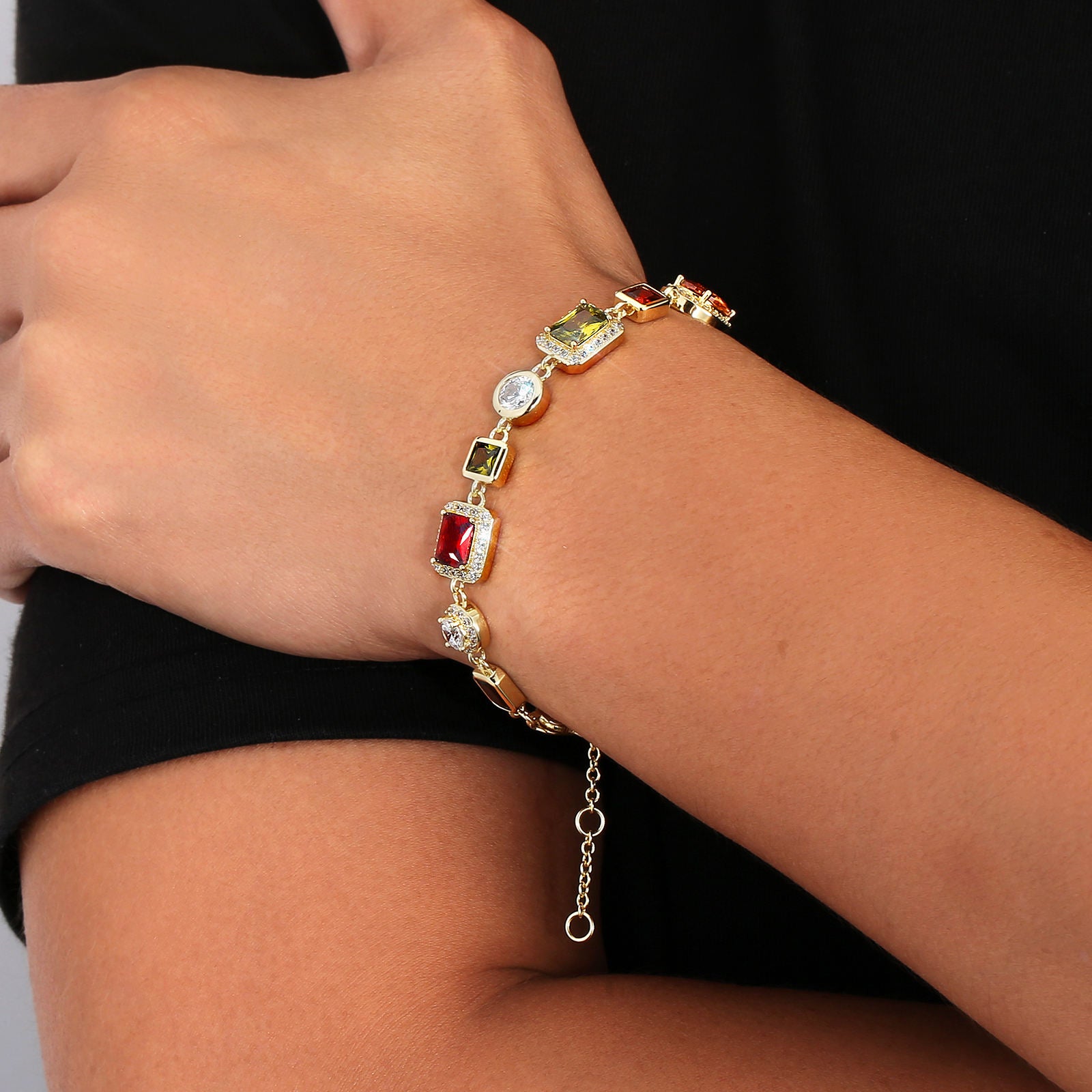 Vintage 18K Gold Plated Gemstone Hand Chain Multi Colored Gem Stone JEWELRY Cubic Zirconia Colorful CZ Bracelet For WOMEN MEN - 5 - CJ