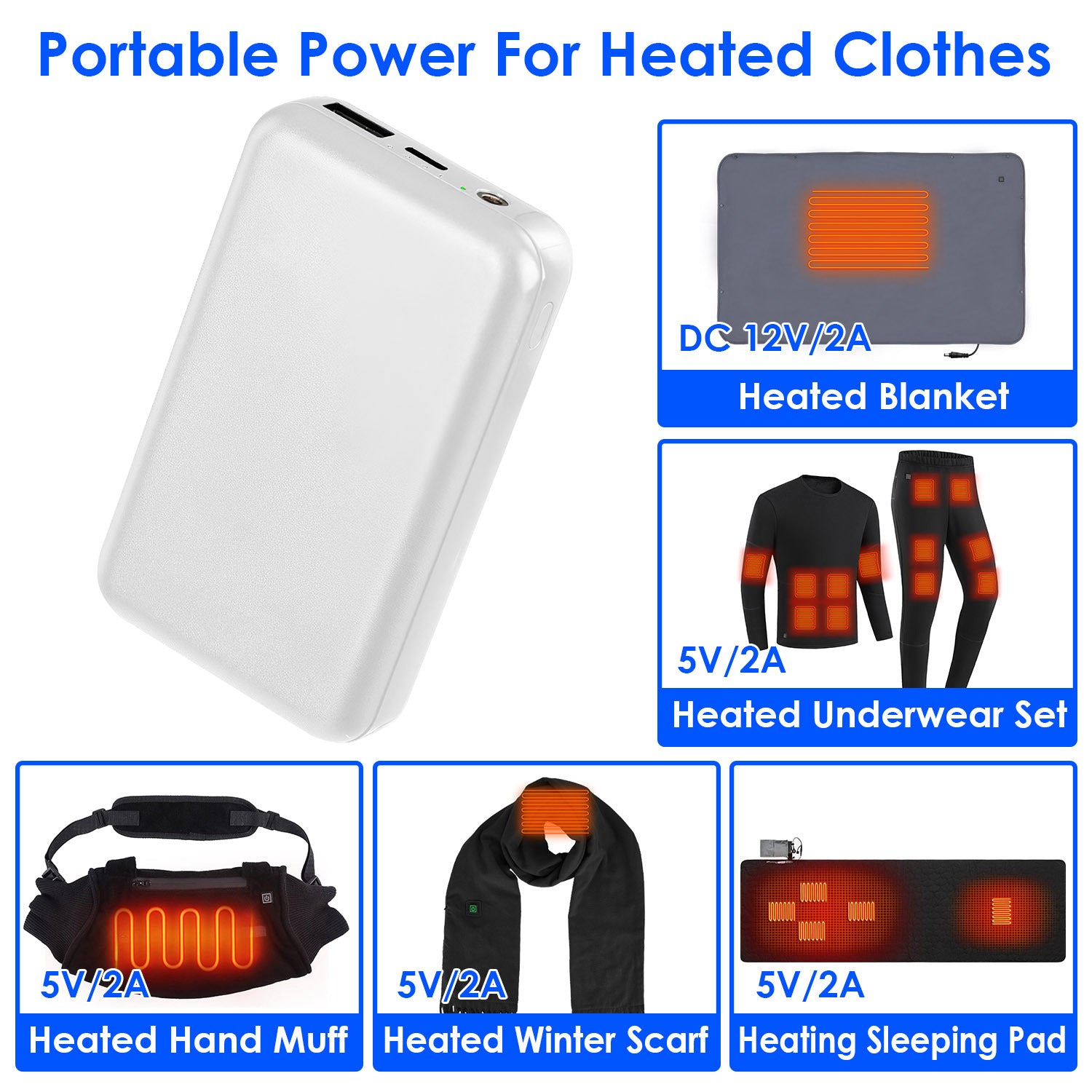 1Pc 10000mAh Portable Charger Battery Pack For Heated Blanket Vest Jacket Power Bank With Type C USB Cable Fit For IOSPhone 14 Android And More