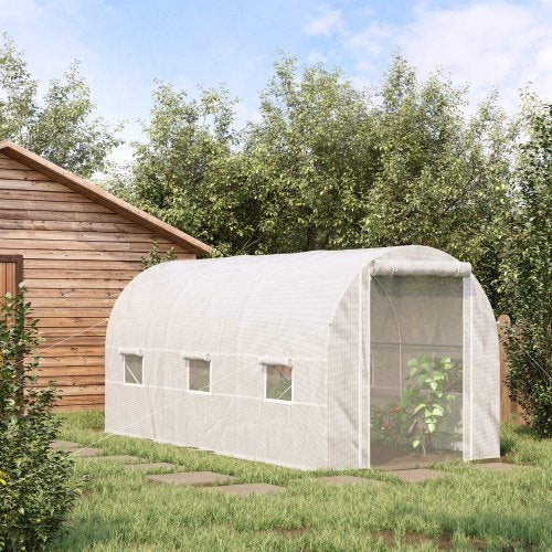 Outsunny 15 X 7 X 7 Walk - In Tunnel Greenhouse, Large Garden Hot House Kit With 6 Roll - up Windows & Roll Up Door, Steel Frame, White - 5 - CJ