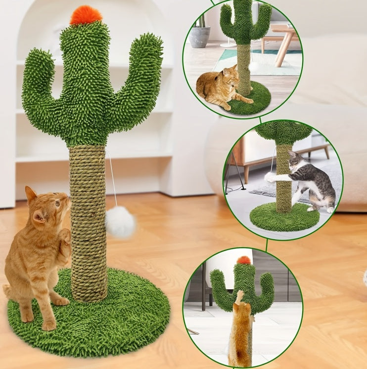 Cactus Cat Climbing Tree 2 - in - 1 - Solid Wood Base Natural Sisal Scratching Pillar With Hanging Ball Toy, Indoor Cat Multi - level Activity Center - 5 - CJ