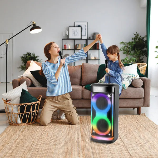 Portable Wireless Party Speaker With LED Light Wireless Mic Remote Control TWS Treble Bass Mic. Echo Music Accompany Mic. Priority Guitar In - 5 - CJ