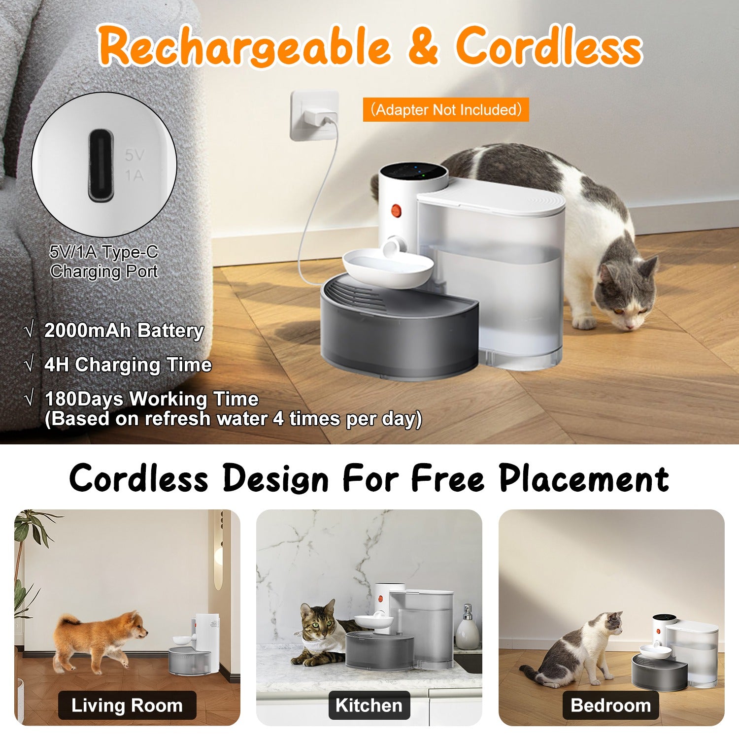 1Pc Smart Pet Water Fountain Automatic Cat Water Dispenser 3L Cordless Rechargeable Dog Water Fountain Self - Refill With 3 Adjustable Volume 3 Time Intervals Touch Control - 5 - CJ