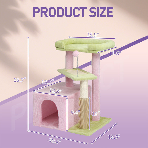 27.5in Cat Tree, Multi - level Cat Tower With Cat Scratching Post And Pad, Cozy Cat Condo, Padded Top Bed For Kittens And Indoor Cats, Pink & Green - 5 - CJ