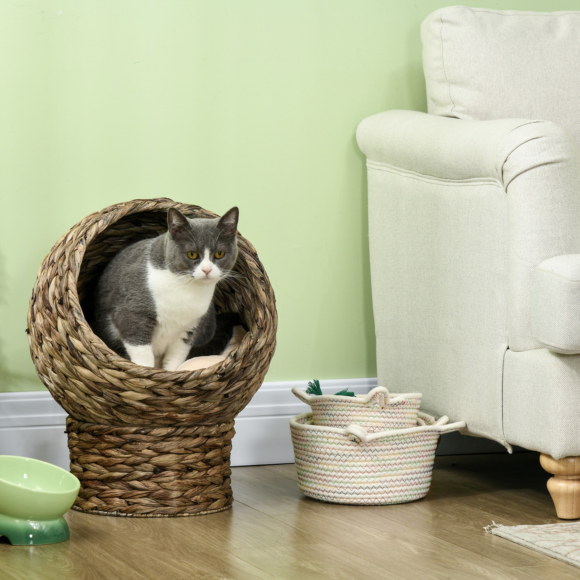 Handwoven Elevated Cat Bed with Soft Cushion & Egg Chair Shape, Basket Bed Kitty House with Stand, Raised Wicker House for Indoor Cats, 20" H, Gray - 5 - CJ