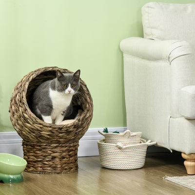Handwoven Elevated Cat Bed with Soft Cushion & Egg Chair Shape, Basket Bed Kitty House with Stand, Raised Wicker House for Indoor Cats, 20" H, Gray - 5 - CJ