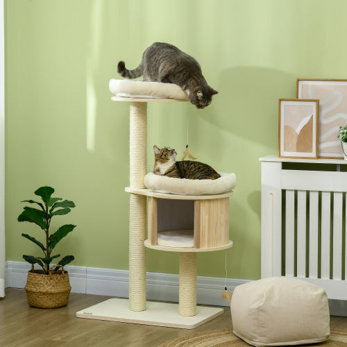 PawHut 3 Level Cat Tree With Sisal Scratching Posts  Cat Badminton Toy For Playing  Soft Cushions  Play Areas - 5 - CJ