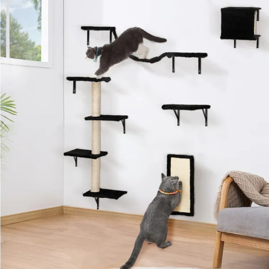 5 Pcs Wall Mounted Cat Climber Set  Floating Cat Shelves And Perches  Cat Activity Tree With Scratching Posts  Modern Cat Furniture - 5 - CJ