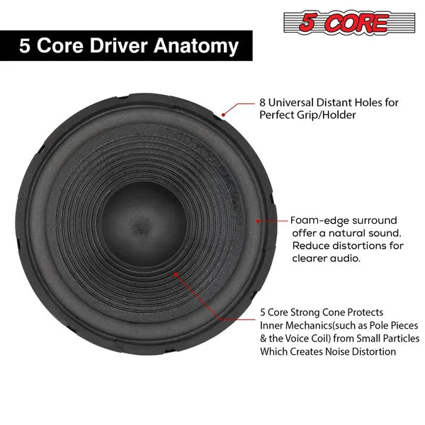 5 Core 12 Inch Car Woofer Audio 300W 4Ohm Deep Bass Replacement Sub Woofer Component Loud Speaker