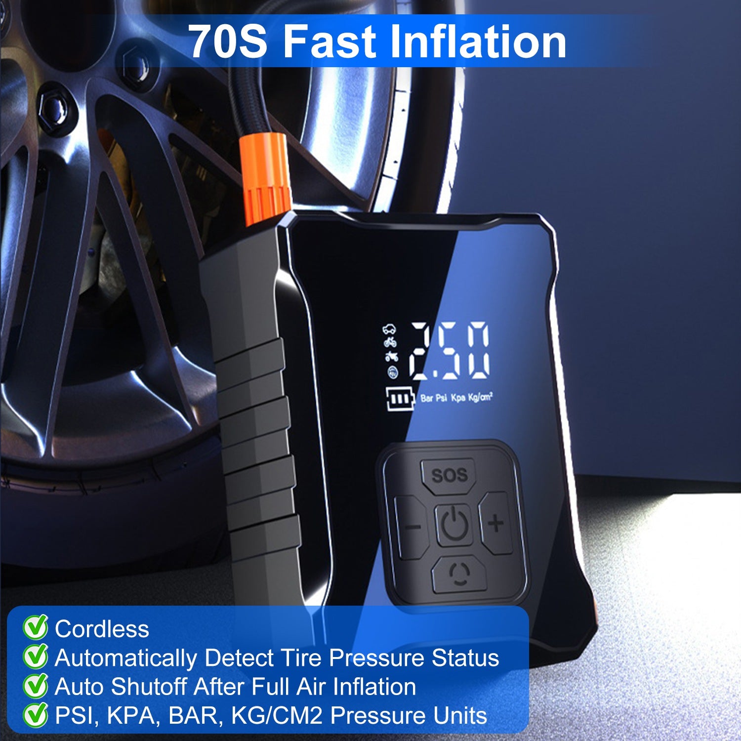1Pc 150PSI Cordless Tire Inflator Digital Air Compressor With LED Light Emergency Power Bank For Cars Motorcycles Bicycles Balls - 5 - cjdropshipping