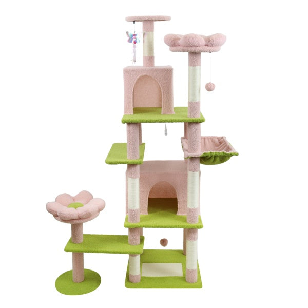 71 Inch Flower Cat Tree With Large Condo Removable Flower Cushion And Hammock Pink - 5 - CJ