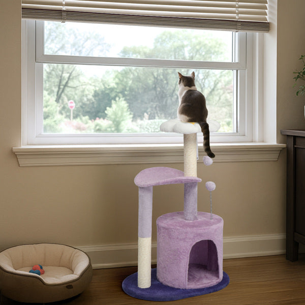 33in Cat Tree, Multi - level Cat Tower With Cat Scratching Post With Curved Perch, Cozy Cat Condo, Padded Top Bed For Kittens And Indoor Cats, Purple - 5 - CJ