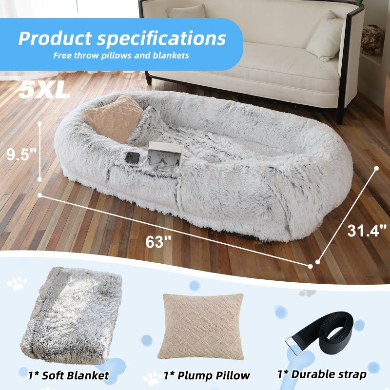 Human Dog Bed, 63''x31.4''x9.5'' Size Fits You And Pets, Washable Faux Fur Dog Bed For People Doze Off, Napping Orthopedic Dog Bed, Present Plump Pillow, Blanket, Strap - Grey - 5 - CJ