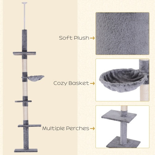 PawHut 9' Adjustable Height Floor - To - Ceiling Vertical Cat Tree - Grey And White - 5 - cjdroshippping
