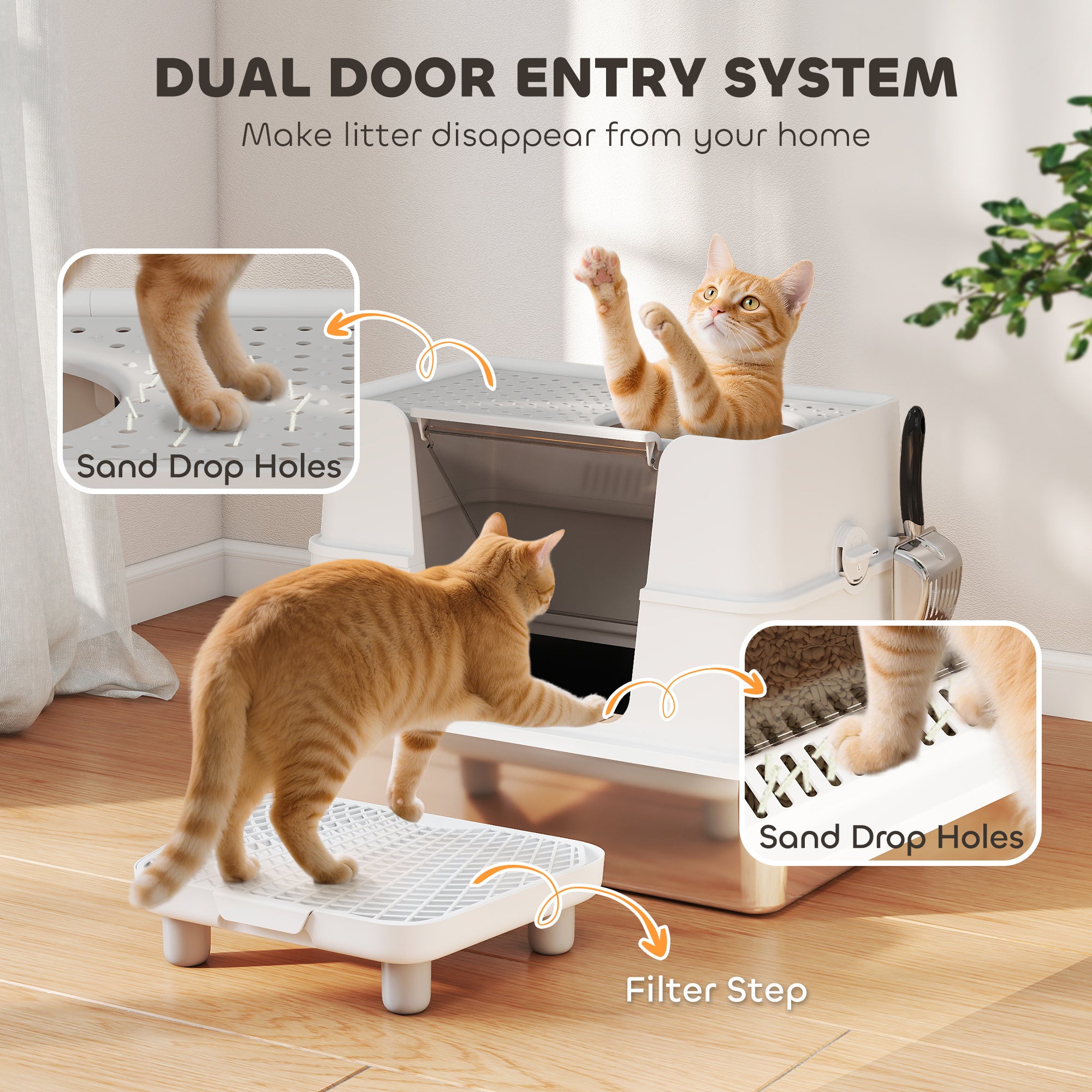 XL Stainless Steel Litter Box w/ 100° Flip Top, Scoop, Step, Top & Side Entry Enclosed Litter Box for Big Cats - 5 - CJ