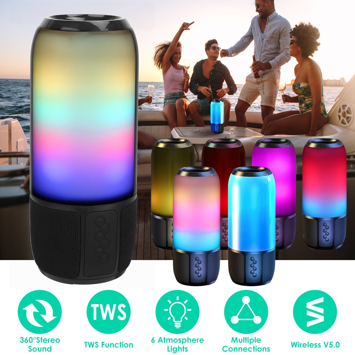 1Pc Wireless Portable Speaker Loud Stereo Speaker With 6 Color Changing Lights Radio Party TWS Speaker For Home Outdoor Travelling - 5 - CJ