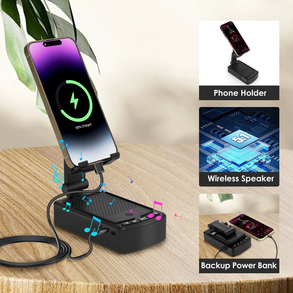 1Pc Cell Phone Stand With HD Surround Wireless Speaker Power Bank Portable Foldable Charging Phone Stand With Anti Slip Base Compatible With Phone Tablet For Home Office Outdoor
