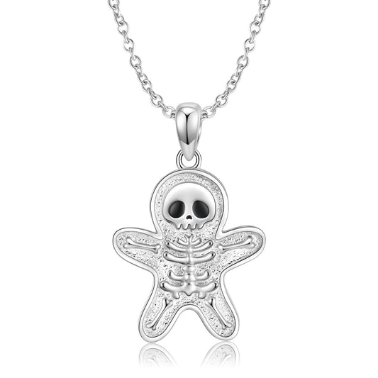Halloween Skull Gingerbread Man Necklace S925 Sterling Silver Plating Platinum Collar Chain - 4 - CJ