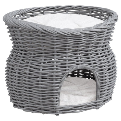PawHut 2 - Tier Wicker Cat House Elevated Pet Bed Basket Willow Kitten Tower Pet Den. With Washable Cushions 56x37x40cm Grey - 5 - CJ