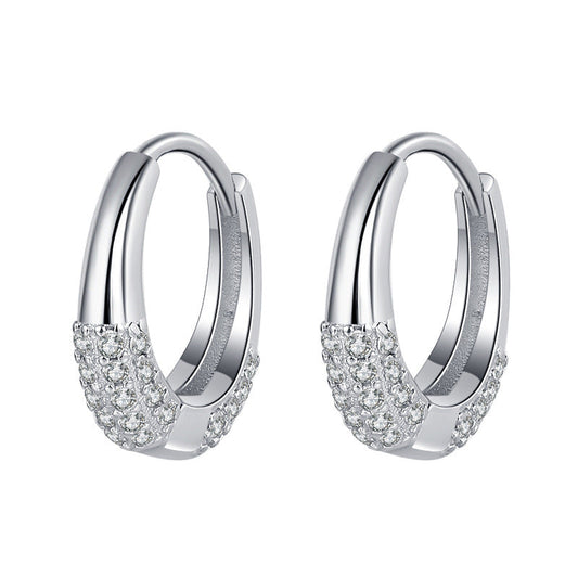 Sterling Silver S925 French Oval Minimal Design Diamond Set Zircon Earrings - 4 - CJ