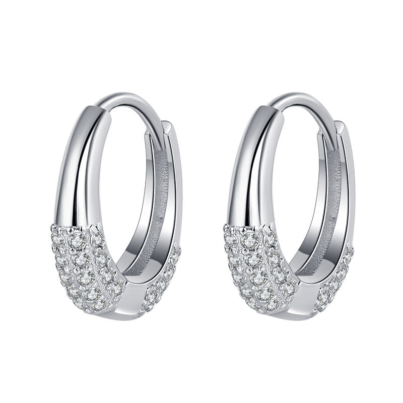 Sterling Silver S925 French Oval Minimal Design Diamond Set Zircon Earrings - 4 - CJ
