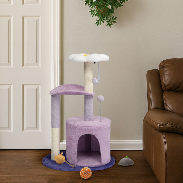 33in Cat Tree, Multi - level Cat Tower With Cat Scratching Post With Curved Perch, Cozy Cat Condo, Padded Top Bed For Kittens And Indoor Cats, Purple - 5 - CJ