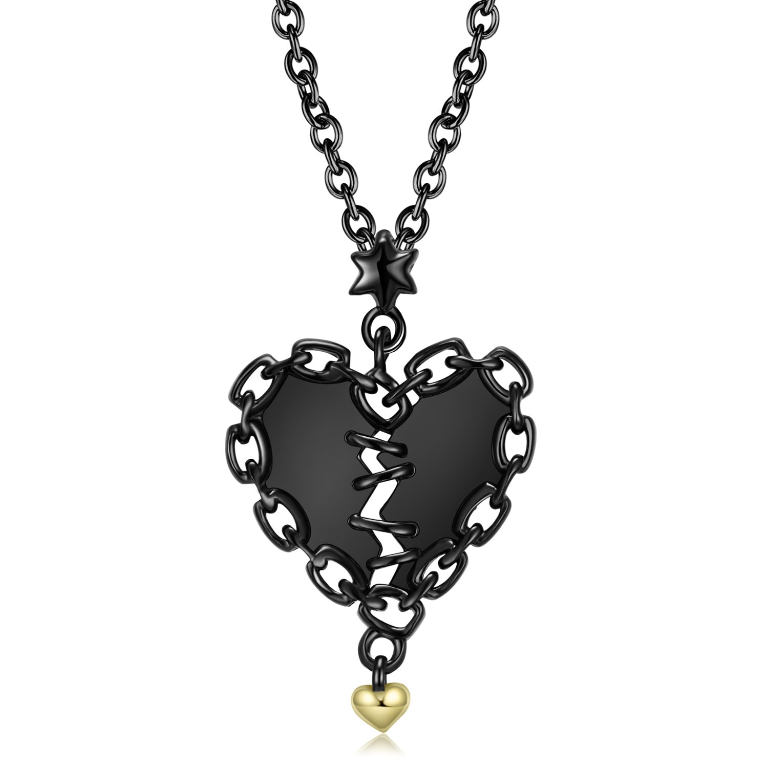 Sewn Heart Necklace Hollow Zirconium Inlaid Black Gold Niche Design S925 Sterling Silver Pendant - 4 - CJ - Set - CJJE1597710 - Set