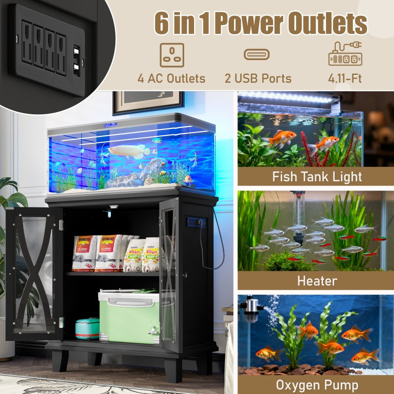20 - gallon Aquarium Rack With 4 AC Outlets And 2 USB Outlets, Farmhouse - style Decorative Aquarium Rack Furniture With Adjustable Shelves 10 - 20 Gallon Reptile And Turtle Rack With Cabinet Storage Space - 5 - cjdroshippping