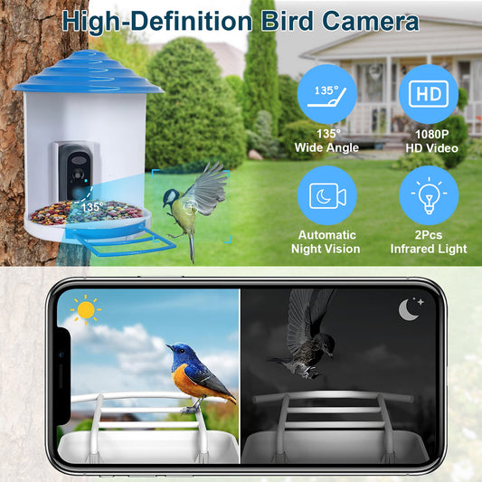 Smart Bird Feeder With Solar Powered Camera 1080P HD AI Identify PIR Motion Auto Capture Video Cloud Card Storage WiFi Connection App Control IP65 Waterproof - 5 - CJ
