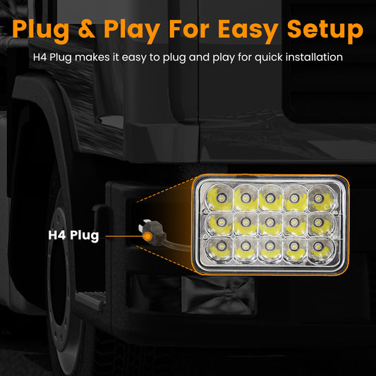 2Pcs 4x6in Car LED Headlights Vehicle Rectangular Headlamp With H4 Socket H4 - to - 3Pins Adapter With High Low Beam White Light IP68 Waterproof For 10 - 80V SUV Truck Sedan Car Motorcycle - 5 - cjdropshipping